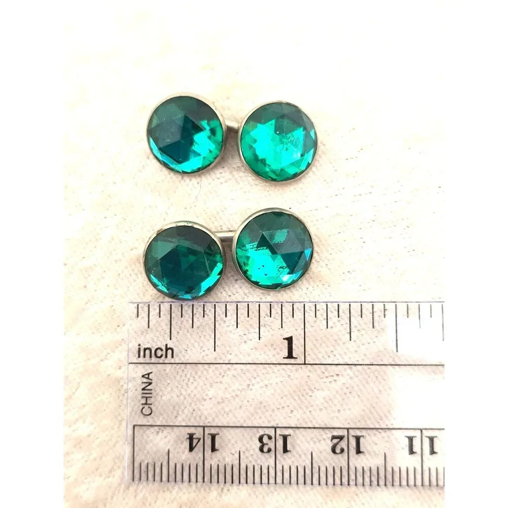 Vintage Green Glass Cufflinks Emerald Color Double Sided Silver Tone Unisex